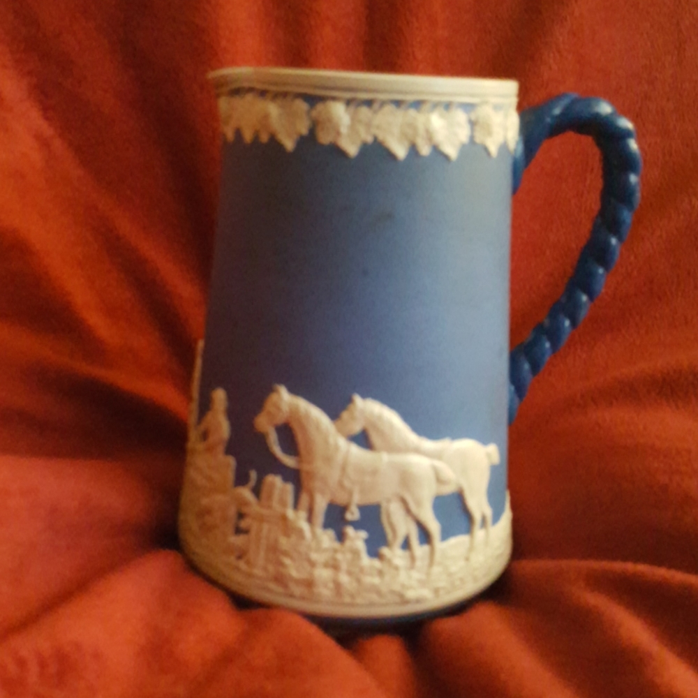 Vintage Blue Jasperware Hunt Scene Pitcher England